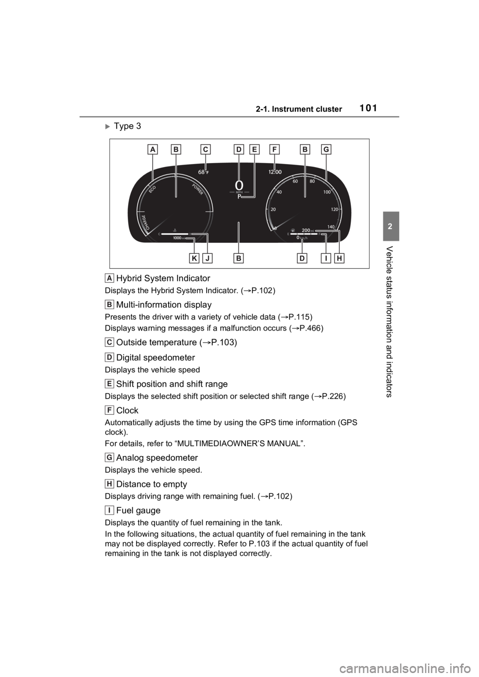 TOYOTA RAV4 HYBRID 2023 Owners Manual 1012-1. Instrument cluster
2
Vehicle status information and indicators
Type 3Hybrid System Indicator
Displays the Hybrid S ystem Indicator. (P.102)
Multi-information display
Presents the driver TOYOTA RAV4 HYBRID 2023 Owners Manual 1012-1. Instrument cluster
2
Vehicle status information and indicators
Type 3Hybrid System Indicator
Displays the Hybrid S ystem Indicator. (P.102)
Multi-information display
Presents the driver