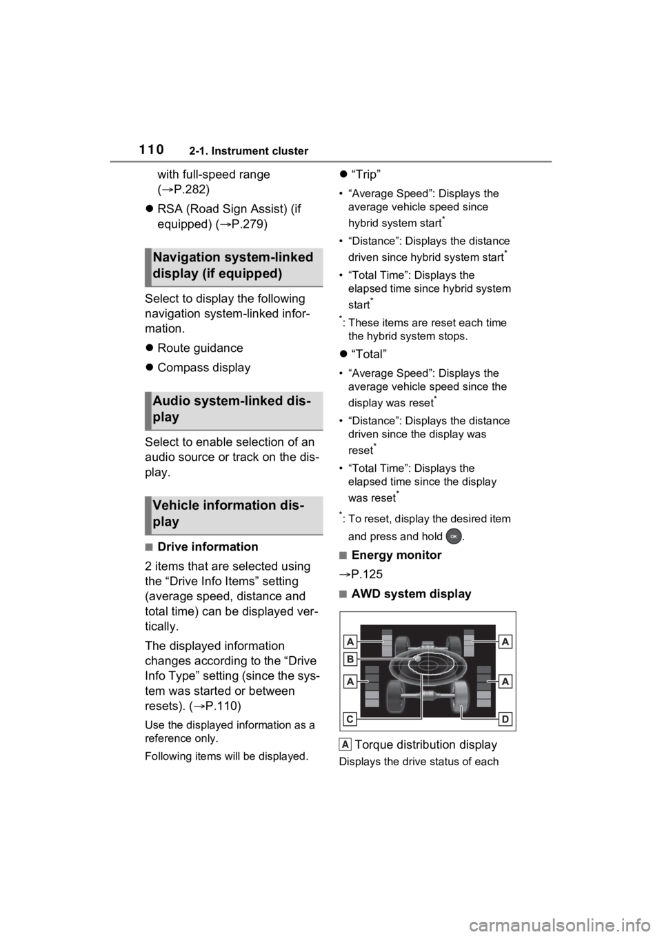 TOYOTA RAV4 HYBRID 2023 Owners Manual 1102-1. Instrument cluster
with full-speed range
(P.282)
RSA (Road Sign Assist) (if
equipped) ( P.279)
Select to display the following
navigation system-linked infor-
mation.
Route gu TOYOTA RAV4 HYBRID 2023 Owners Manual 1102-1. Instrument cluster
with full-speed range
(P.282)
RSA (Road Sign Assist) (if
equipped) ( P.279)
Select to display the following
navigation system-linked infor-
mation.
Route gu