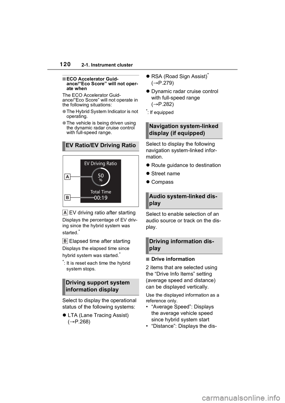 TOYOTA RAV4 HYBRID 2023 Owners Manual 1202-1. Instrument cluster
■ECO Accelerator Guid-
ance/“Eco Score” will not oper-
ate when
The ECO Accelerator Guid-
ance/“Eco Score” will not operate in
the following situations:
●The Hy TOYOTA RAV4 HYBRID 2023 Owners Manual 1202-1. Instrument cluster
■ECO Accelerator Guid-
ance/“Eco Score” will not oper-
ate when
The ECO Accelerator Guid-
ance/“Eco Score” will not operate in
the following situations:
●The Hy