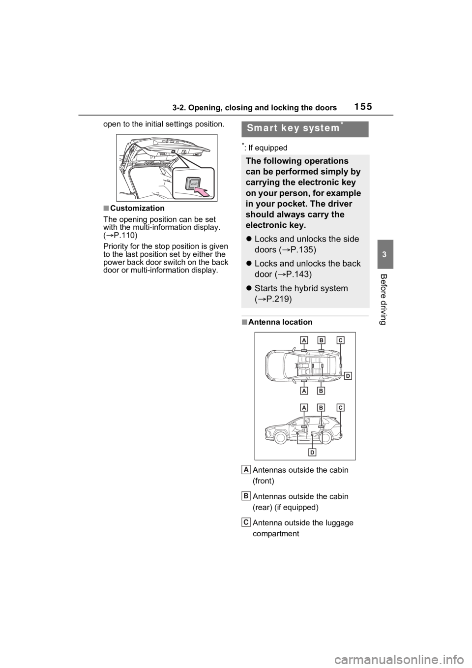 TOYOTA RAV4 HYBRID 2023 Workshop Manual 1553-2. Opening, closing and locking the doors
3
Before driving
open to the initial settings position.
■Customization
The opening position can be set
with the multi-information display.
( P.11 TOYOTA RAV4 HYBRID 2023 Workshop Manual 1553-2. Opening, closing and locking the doors
3
Before driving
open to the initial settings position.
■Customization
The opening position can be set
with the multi-information display.
( P.11