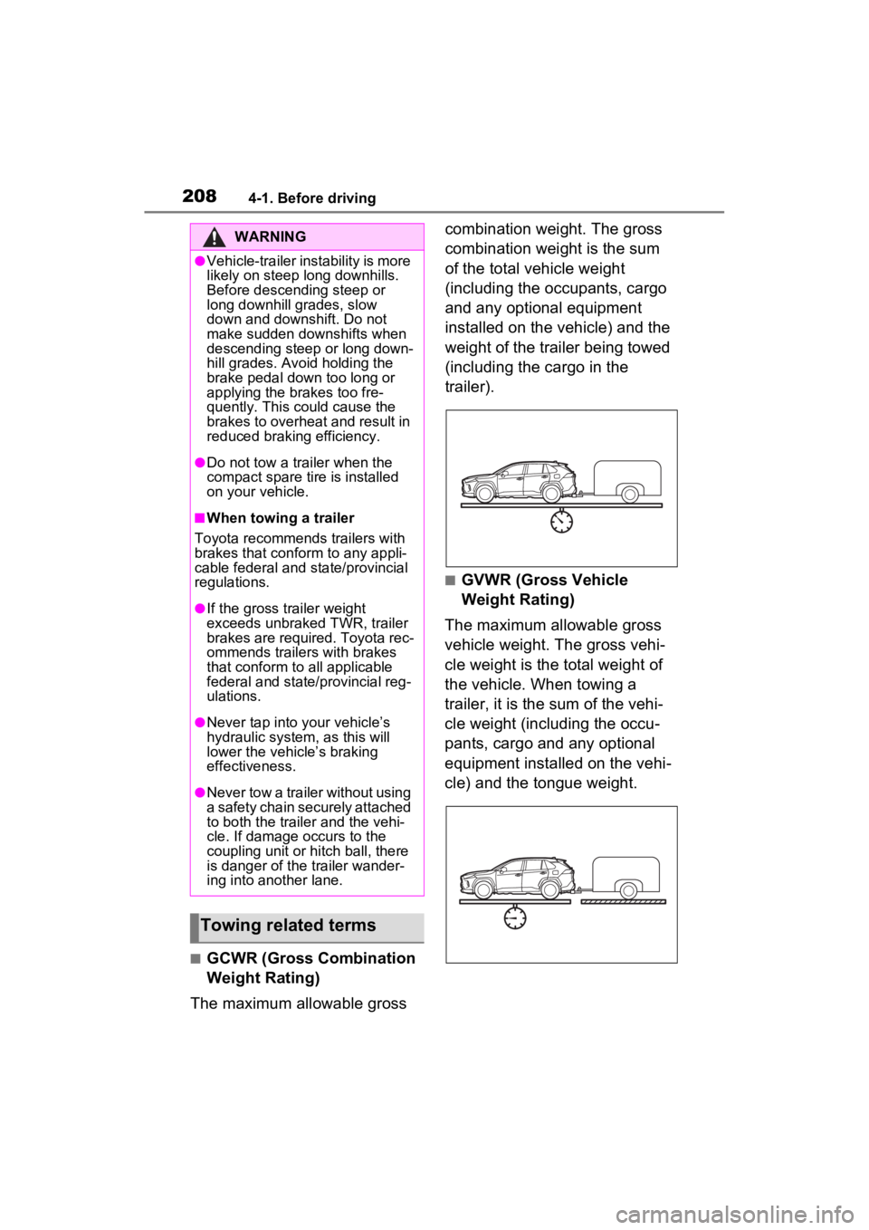 TOYOTA RAV4 HYBRID 2023  Owners Manual 2084-1. Before driving
■GCWR (Gross Combination 
Weight Rating)
The maximum allowable gross  combination weight. The gross 
combination weight is the sum 
of the total vehicle weight 
(including the