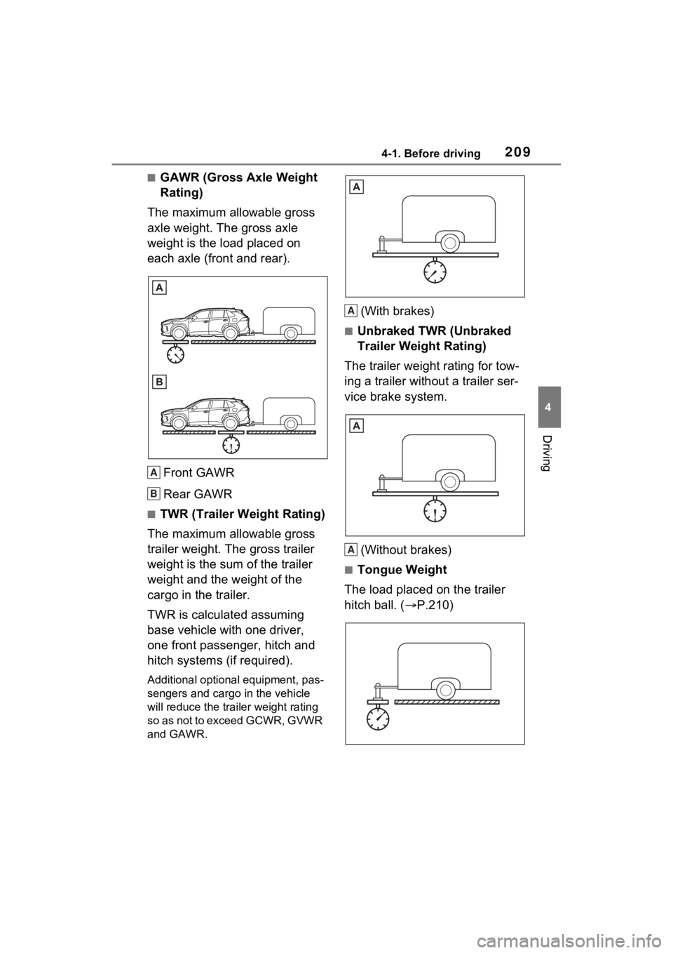 TOYOTA RAV4 HYBRID 2023 Owners Manual 2094-1. Before driving
4
Driving
■GAWR (Gross Axle Weight
Rating)
The maximum allowable gross
axle weight. The gross axle
weight is the load placed on
each axle (front and rear).
Front GAWR
Rear TOYOTA RAV4 HYBRID 2023 Owners Manual 2094-1. Before driving
4
Driving
■GAWR (Gross Axle Weight
Rating)
The maximum allowable gross
axle weight. The gross axle
weight is the load placed on
each axle (front and rear).
Front GAWR
Rear