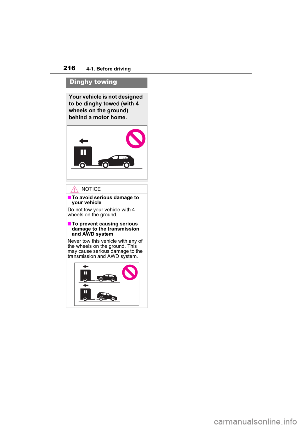 TOYOTA RAV4 HYBRID 2023  Owners Manual 2164-1. Before driving
Dinghy towing
Your vehicle is not designed 
to be dinghy towed (with 4 
wheels on the ground) 
behind a motor home.
NOTICE
■To avoid serious damage to 
your vehicle
Do not tow