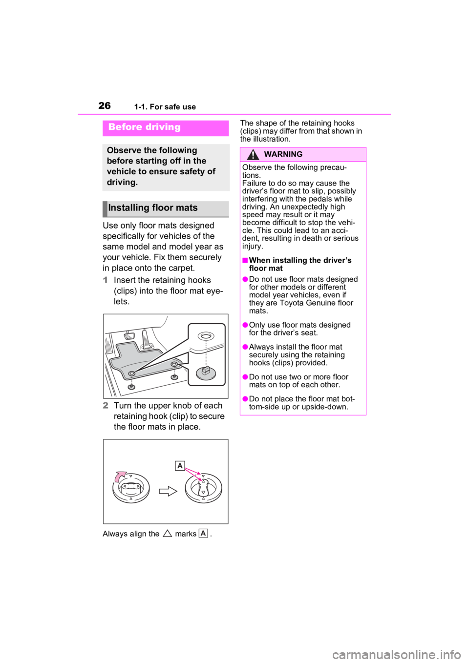 TOYOTA RAV4 HYBRID 2023  Owners Manual 261-1. For safe use
1-1.For safe use
Use only floor mats designed 
specifically for vehicles of the 
same model and model year as 
your vehicle. Fix them securely 
in place onto the carpet.
1Insert th