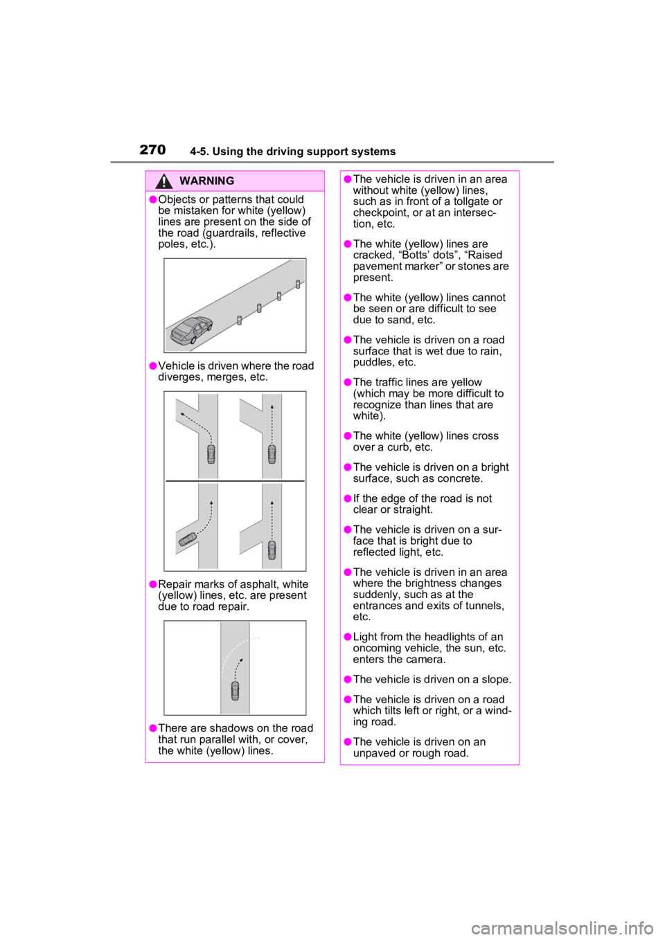 TOYOTA RAV4 HYBRID 2023 Owners Manual 2704-5. Using the driving support systems
WARNING
●Objects or patterns that could
be mistaken for white (yellow)
lines are present on the side of
the road (guardrails, reflective
poles, etc.).
TOYOTA RAV4 HYBRID 2023 Owners Manual 2704-5. Using the driving support systems
WARNING
●Objects or patterns that could
be mistaken for white (yellow)
lines are present on the side of
the road (guardrails, reflective
poles, etc.).