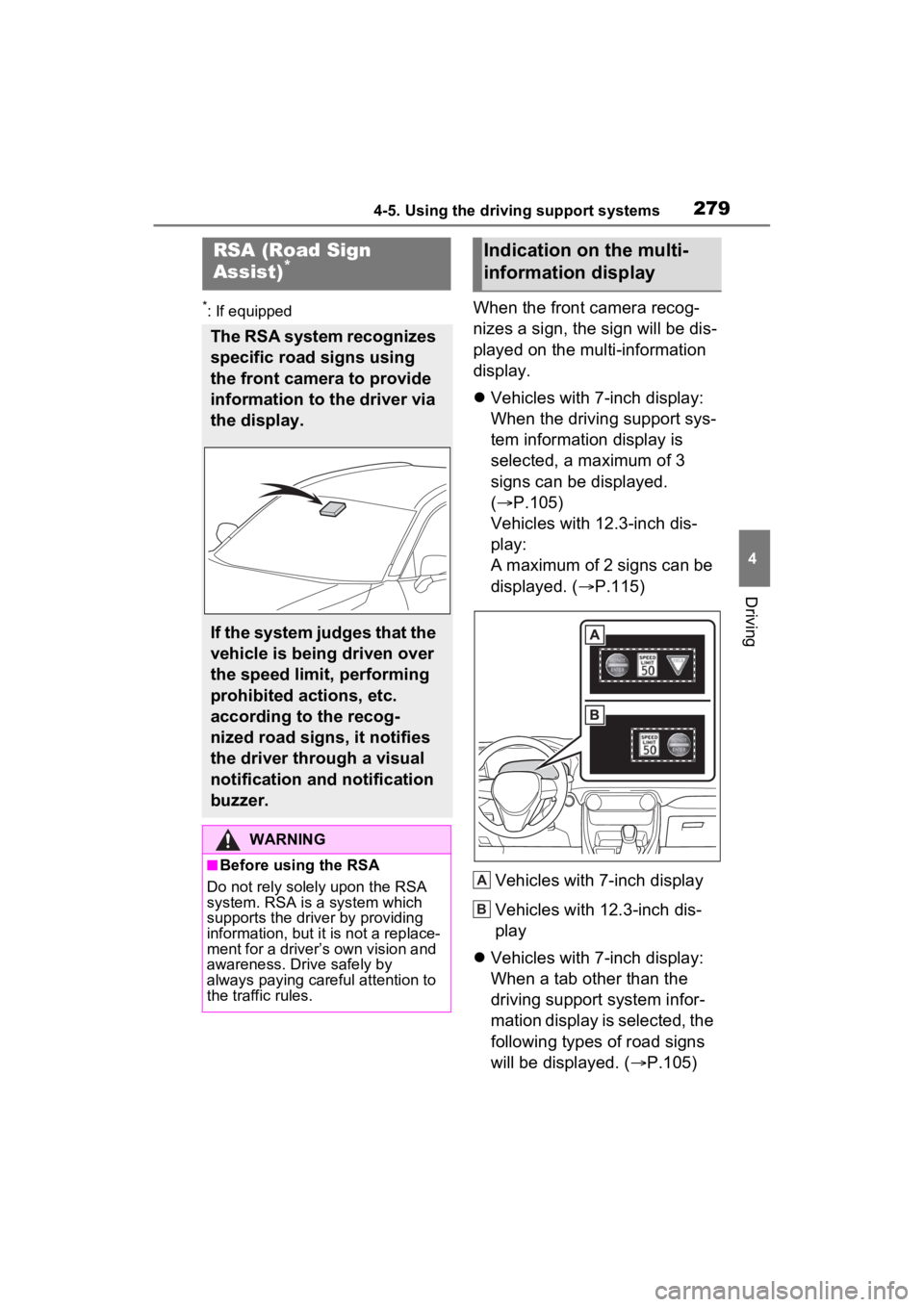 TOYOTA RAV4 HYBRID 2023 Owners Manual 2794-5. Using the driving support systems
4
Driving
*: If equippedWhen the front camera recog-
nizes a sign, the sign will be dis-
played on the multi-information
display.
Vehicles with 7-inch dis TOYOTA RAV4 HYBRID 2023 Owners Manual 2794-5. Using the driving support systems
4
Driving
*: If equippedWhen the front camera recog-
nizes a sign, the sign will be dis-
played on the multi-information
display.
Vehicles with 7-inch dis