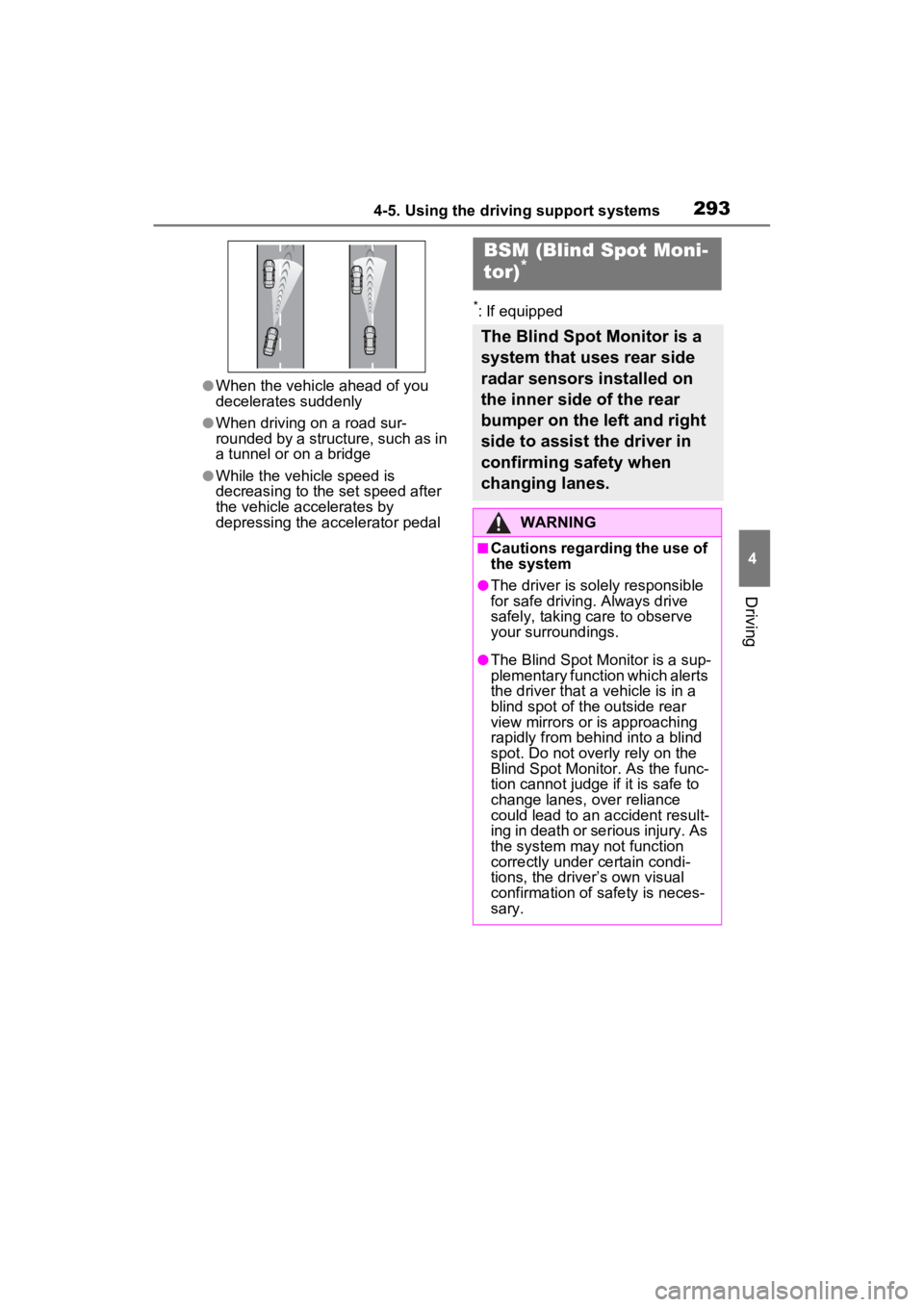 TOYOTA RAV4 HYBRID 2023  Owners Manual 2934-5. Using the driving support systems
4
Driving
●When the vehicle ahead of you 
decelerates suddenly
●When driving on a road sur-
rounded by a structure, such as in 
a tunnel or on a bridge
