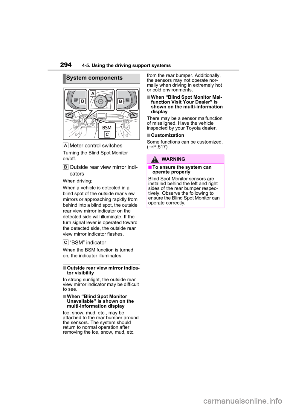 TOYOTA RAV4 HYBRID 2023 Owners Manual 2944-5. Using the driving support systems
Meter control switches
Turning the Blind Spot Monitor
on/off.
Outside rear view mirror indi-
cators
When driving:
When a vehicle is detected in a
blind spot TOYOTA RAV4 HYBRID 2023 Owners Manual 2944-5. Using the driving support systems
Meter control switches
Turning the Blind Spot Monitor
on/off.
Outside rear view mirror indi-
cators
When driving:
When a vehicle is detected in a
blind spot