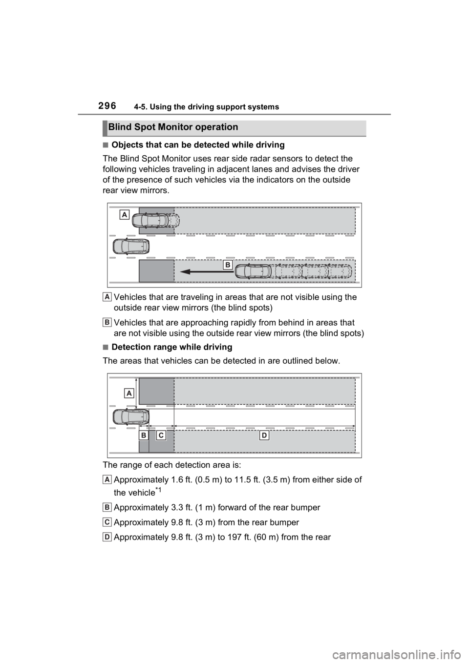 TOYOTA RAV4 HYBRID 2023  Owners Manual 2964-5. Using the driving support systems
■Objects that can be detected while driving
The Blind Spot Monitor uses rear side radar sensors to detect the 
following vehicles traveling in adjacent lane