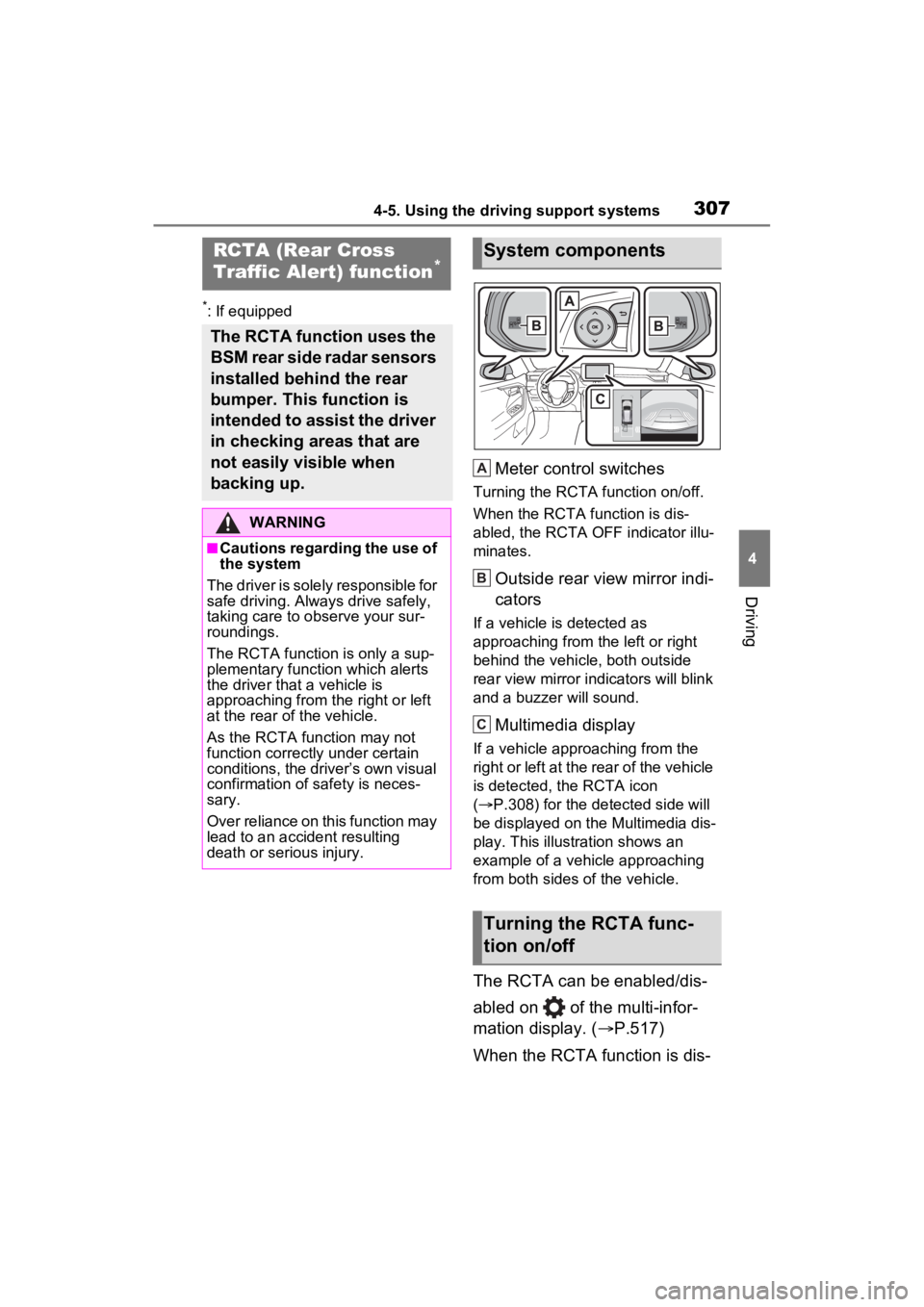 TOYOTA RAV4 HYBRID 2023 Owners Manual 3074-5. Using the driving support systems
4
Driving
*: If equipped
Meter control switches
Turning the RCTA function on/off.
When the RCTA function is dis-
abled, the RCTA OFF indicator illu-
minates.
TOYOTA RAV4 HYBRID 2023 Owners Manual 3074-5. Using the driving support systems
4
Driving
*: If equipped
Meter control switches
Turning the RCTA function on/off.
When the RCTA function is dis-
abled, the RCTA OFF indicator illu-
minates.