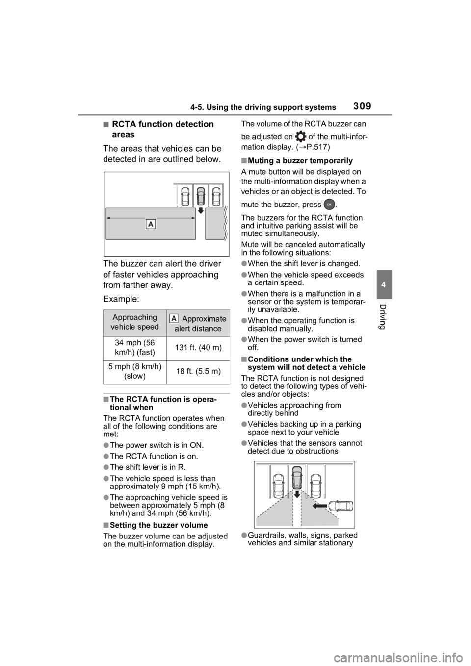 TOYOTA RAV4 HYBRID 2023 Owners Manual 3094-5. Using the driving support systems
4
Driving
■RCTA function detection
areas
The areas that vehicles can be
detected in are outlined below.
The buzzer can alert the driver
of faster vehicle TOYOTA RAV4 HYBRID 2023 Owners Manual 3094-5. Using the driving support systems
4
Driving
■RCTA function detection
areas
The areas that vehicles can be
detected in are outlined below.
The buzzer can alert the driver
of faster vehicle