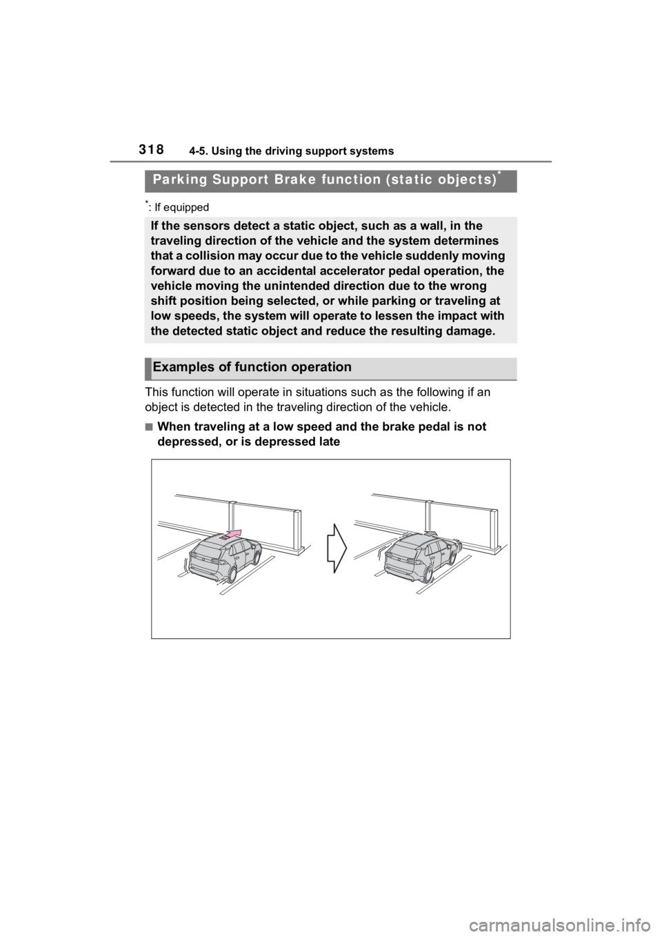 TOYOTA RAV4 HYBRID 2023 Owners Manual 3184-5. Using the driving support systems
*: If equipped
This function will operate in situations such as the following if an
object is detected in the traveling direction of the vehicle.
■When tra TOYOTA RAV4 HYBRID 2023 Owners Manual 3184-5. Using the driving support systems
*: If equipped
This function will operate in situations such as the following if an
object is detected in the traveling direction of the vehicle.
■When tra