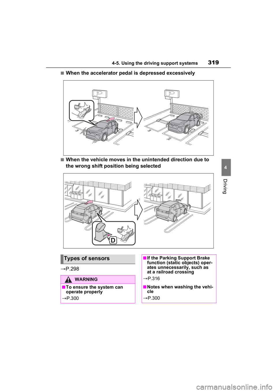 TOYOTA RAV4 HYBRID 2023 Owners Manual 3194-5. Using the driving support systems
4
Driving
■When the accelerator pedal is depressed excessively
■When the vehicle moves in the unintended direction due to
the wrong shift position being TOYOTA RAV4 HYBRID 2023 Owners Manual 3194-5. Using the driving support systems
4
Driving
■When the accelerator pedal is depressed excessively
■When the vehicle moves in the unintended direction due to
the wrong shift position being