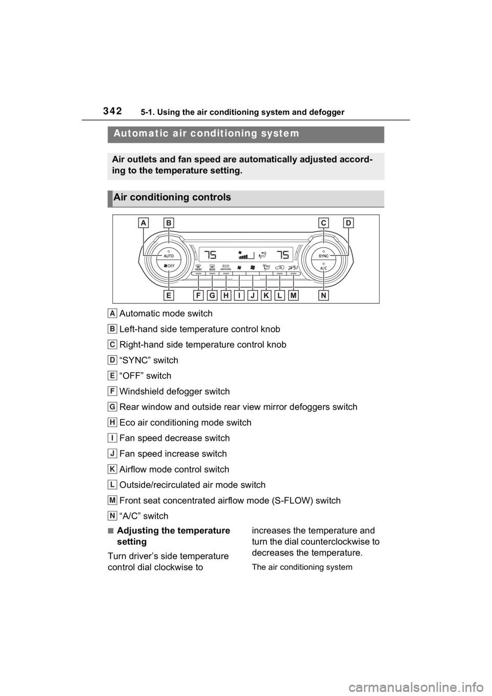 TOYOTA RAV4 HYBRID 2023 Owners Manual 3425-1. Using the air conditioning system and defogger
5-1.Using the air conditioning system and defogger
Automatic mode switch
Left-hand side temperature control knob
Right-hand side temperature cont TOYOTA RAV4 HYBRID 2023 Owners Manual 3425-1. Using the air conditioning system and defogger
5-1.Using the air conditioning system and defogger
Automatic mode switch
Left-hand side temperature control knob
Right-hand side temperature cont