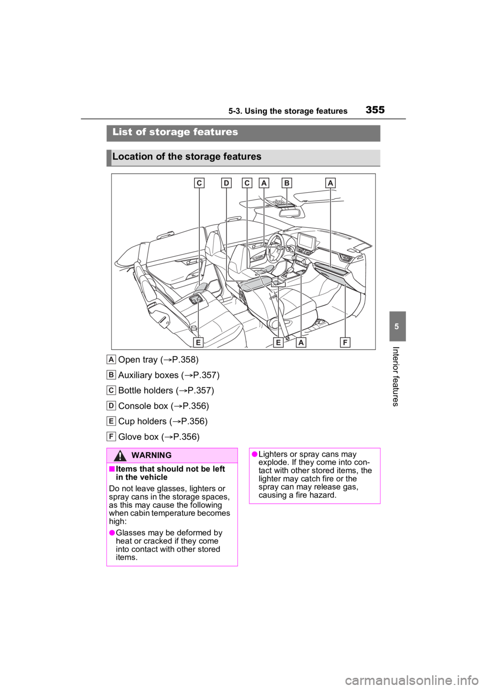 TOYOTA RAV4 HYBRID 2023 Owners Manual 3555-3. Using the storage features
5
Interior features
5-3.Using the storage features
Open tray (P.358)
Auxiliary boxes ( P.357)
Bottle holders ( P.357)
Console box ( P.356)
Cup holders ( TOYOTA RAV4 HYBRID 2023 Owners Manual 3555-3. Using the storage features
5
Interior features
5-3.Using the storage features
Open tray (P.358)
Auxiliary boxes ( P.357)
Bottle holders ( P.357)
Console box ( P.356)
Cup holders (