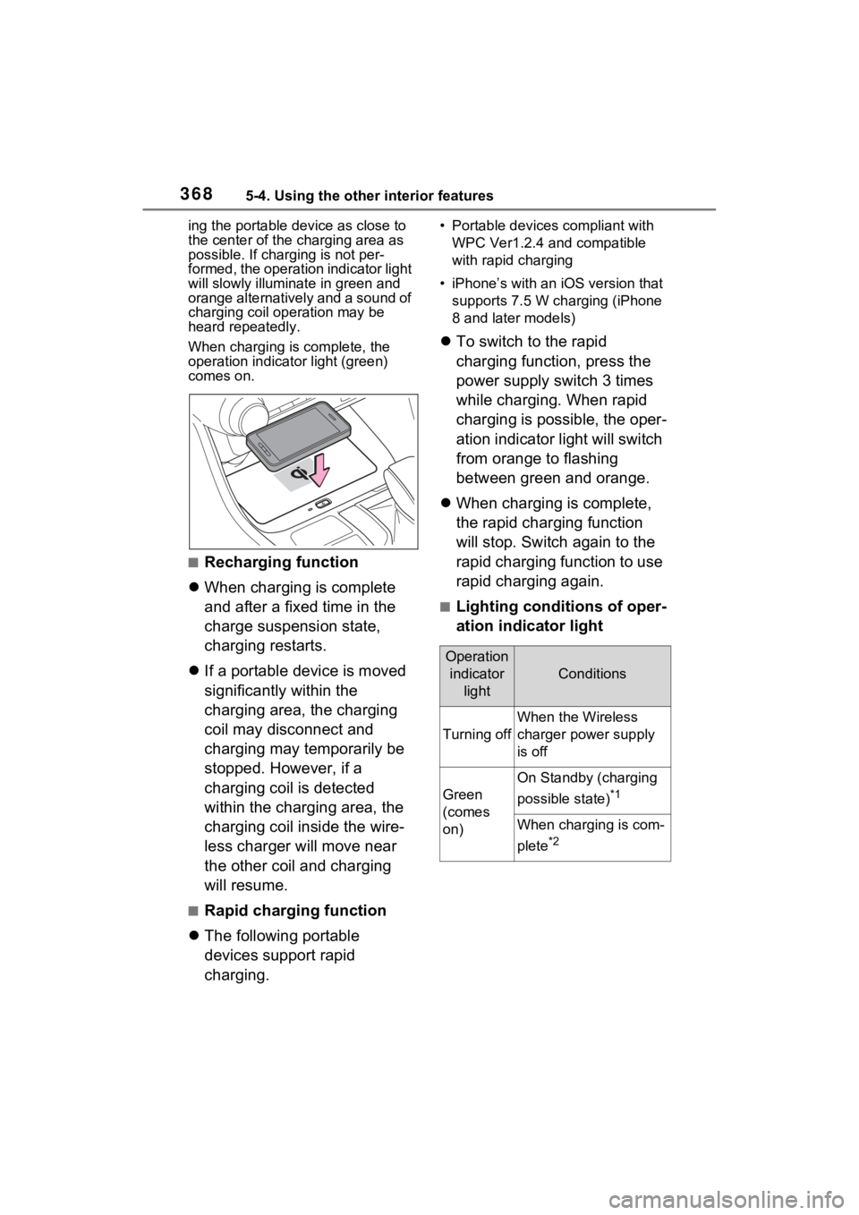 TOYOTA RAV4 HYBRID 2023 Service Manual 3685-4. Using the other interior features
ing the portable device as close to
the center of the charging area as
possible. If charging is not per-
formed, the operation indicator light
will slowly TOYOTA RAV4 HYBRID 2023 Service Manual 3685-4. Using the other interior features
ing the portable device as close to
the center of the charging area as
possible. If charging is not per-
formed, the operation indicator light
will slowly