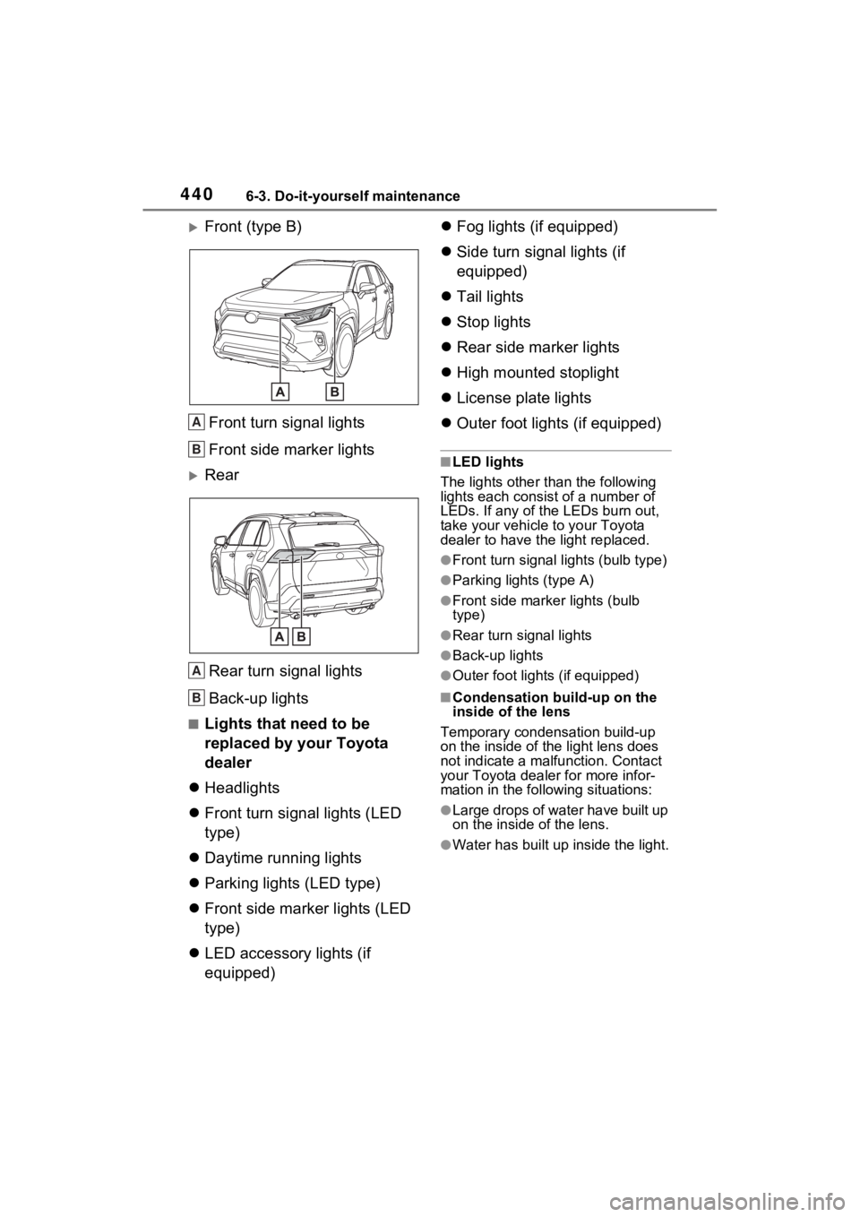 TOYOTA RAV4 HYBRID 2023 Owners Manual 4406-3. Do-it-yourself maintenance
Front (type B)
Front turn signal lights
Front side marker lights
RearRear turn signal lights
Back-up lights
■Lights that need to be
replaced by your Toyota TOYOTA RAV4 HYBRID 2023 Owners Manual 4406-3. Do-it-yourself maintenance
Front (type B)
Front turn signal lights
Front side marker lights
RearRear turn signal lights
Back-up lights
■Lights that need to be
replaced by your Toyota