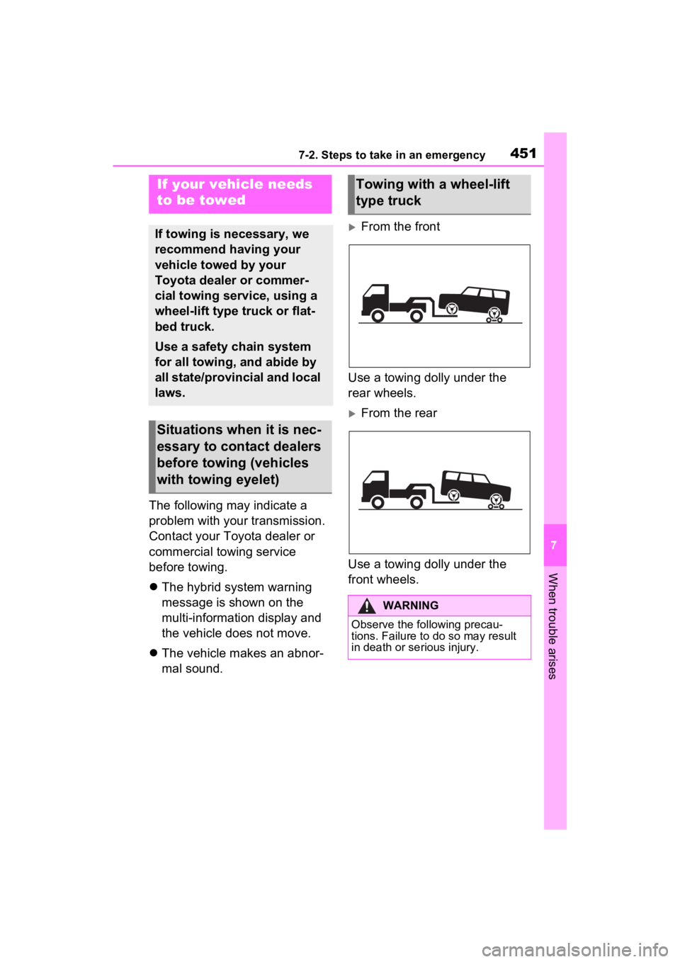 TOYOTA RAV4 HYBRID 2023 Owners Manual 4517-2. Steps to take in an emergency
7
When trouble arises
7-2.Steps to take in an emergency
The following may indicate a
problem with your transmission.
Contact your Toyota dealer or
commercial t TOYOTA RAV4 HYBRID 2023 Owners Manual 4517-2. Steps to take in an emergency
7
When trouble arises
7-2.Steps to take in an emergency
The following may indicate a
problem with your transmission.
Contact your Toyota dealer or
commercial t