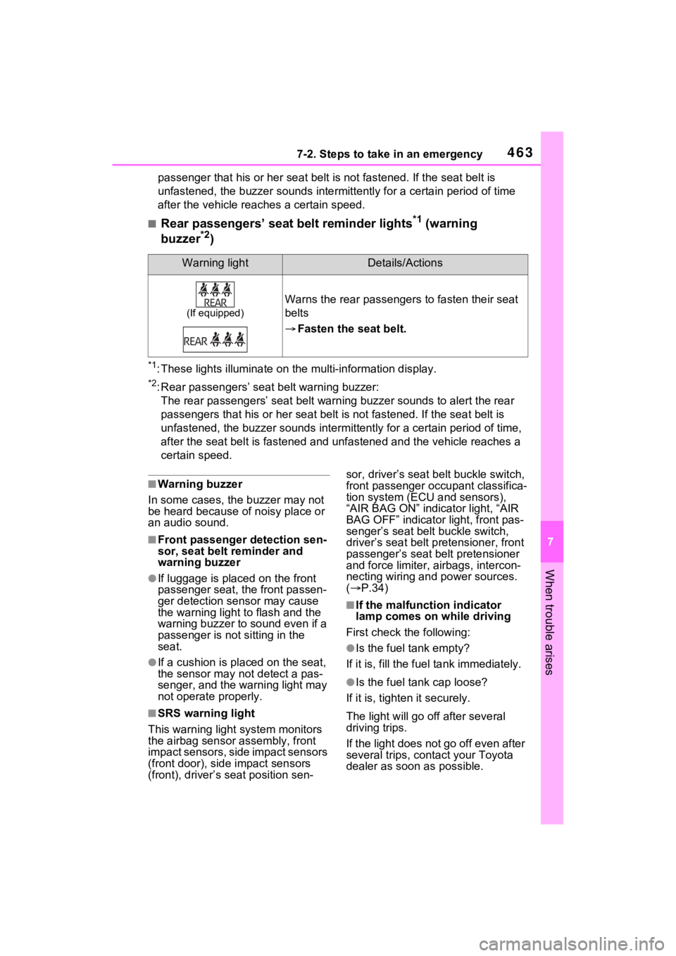 TOYOTA RAV4 HYBRID 2023 Owners Manual 4637-2. Steps to take in an emergency
7
When trouble arises
passenger that his or her seat belt is not fastened. If the sea t belt is
unfastened, the buzzer sounds int ermittently for a certain peri TOYOTA RAV4 HYBRID 2023 Owners Manual 4637-2. Steps to take in an emergency
7
When trouble arises
passenger that his or her seat belt is not fastened. If the sea t belt is
unfastened, the buzzer sounds int ermittently for a certain peri