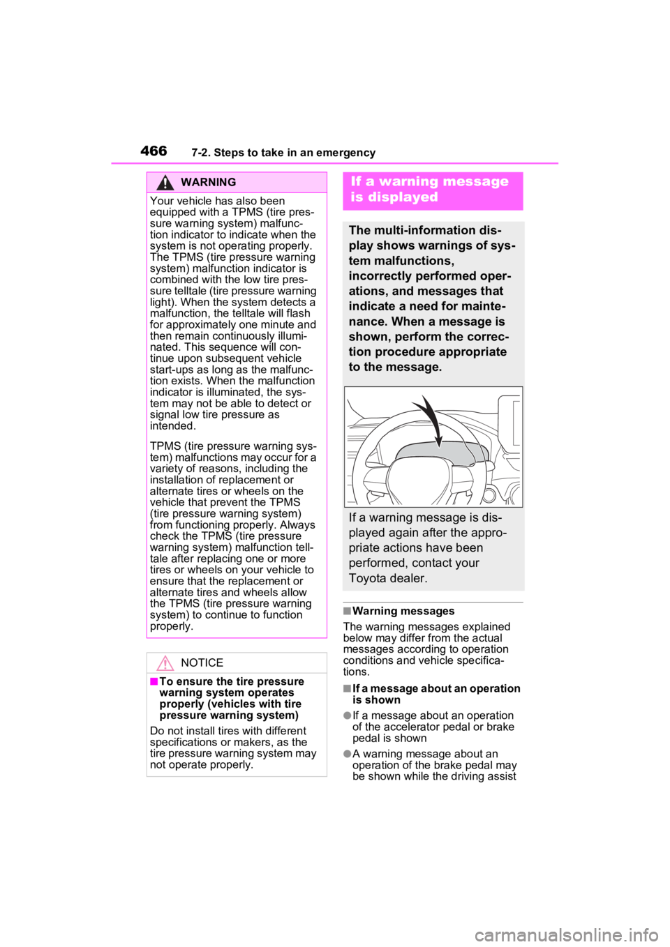 TOYOTA RAV4 HYBRID 2023 Owners Manual 4667-2. Steps to take in an emergency
■Warning messages
The warning messages explained
below may differ from the actual
messages according to operation
conditions and vehicle specifica-
tions.
TOYOTA RAV4 HYBRID 2023 Owners Manual 4667-2. Steps to take in an emergency
■Warning messages
The warning messages explained
below may differ from the actual
messages according to operation
conditions and vehicle specifica-
tions.