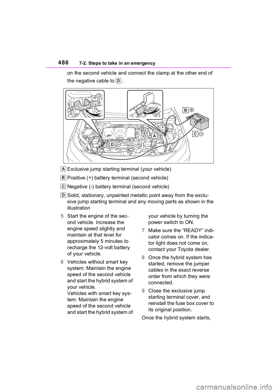 TOYOTA RAV4 HYBRID 2023  Owners Manual 4867-2. Steps to take in an emergency
on the second vehicle and connect the clamp at the other end of 
the negative cable to  .
Exclusive jump starting terminal (your vehicle)
Positive (+) battery ter