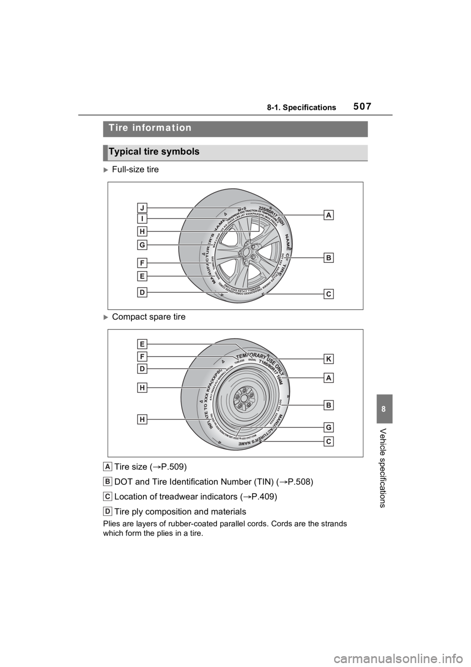 TOYOTA RAV4 HYBRID 2023 Owners Manual 5078-1. Specifications
8
Vehicle specifications
Full-size tire
Compact spare tireTire size ( P.509)
DOT and Tire Identification Number (TIN) ( P.508)
Location of treadwear indicators ( TOYOTA RAV4 HYBRID 2023 Owners Manual 5078-1. Specifications
8
Vehicle specifications
Full-size tire
Compact spare tireTire size ( P.509)
DOT and Tire Identification Number (TIN) ( P.508)
Location of treadwear indicators ( 