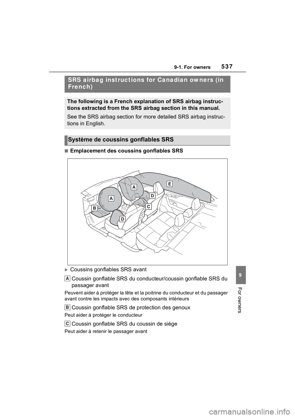 TOYOTA RAV4 HYBRID 2023 Owners Manual 5379-1. For owners
9
For owners
■Emplacement des coussins gonflables SRS
Coussins gonflables SRS avantCoussin gonflable SRS du conducteur/coussin gonflable SRS du
passager avant
Peuvent aider à TOYOTA RAV4 HYBRID 2023 Owners Manual 5379-1. For owners
9
For owners
■Emplacement des coussins gonflables SRS
Coussins gonflables SRS avantCoussin gonflable SRS du conducteur/coussin gonflable SRS du
passager avant
Peuvent aider à