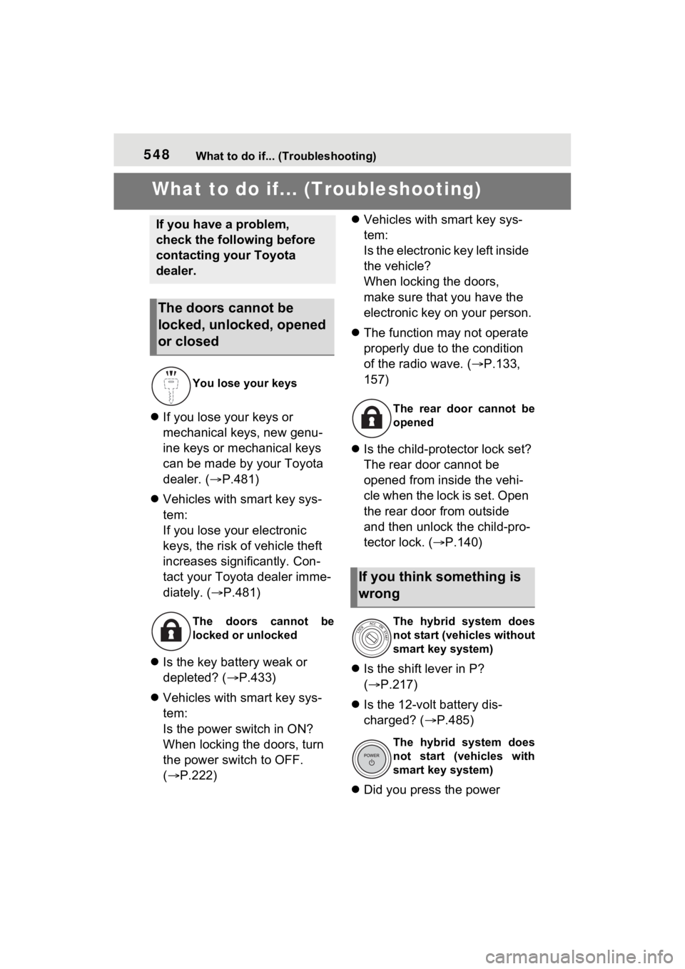 TOYOTA RAV4 HYBRID 2023 Owners Manual 548What to do if... (Troubleshooting)
1-1.What to do if... (Troubleshooting)What to do if... (Troubleshooting)
If you lose your keys or
mechanical keys, new genu-
ine keys or mechanical keys
can TOYOTA RAV4 HYBRID 2023 Owners Manual 548What to do if... (Troubleshooting)
1-1.What to do if... (Troubleshooting)What to do if... (Troubleshooting)
If you lose your keys or
mechanical keys, new genu-
ine keys or mechanical keys
can