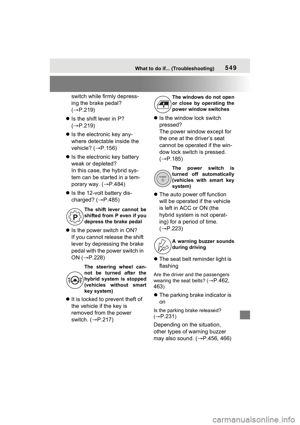 TOYOTA RAV4 HYBRID 2023 Repair Manual 549What to do if... (Troubleshooting)
switch while firmly depress-
ing the brake pedal?
(P.219)
Is the shift lever in P?
( P.219)
Is the electronic key any-
where detectable inside the TOYOTA RAV4 HYBRID 2023 Repair Manual 549What to do if... (Troubleshooting)
switch while firmly depress-
ing the brake pedal?
(P.219)
Is the shift lever in P?
( P.219)
Is the electronic key any-
where detectable inside the