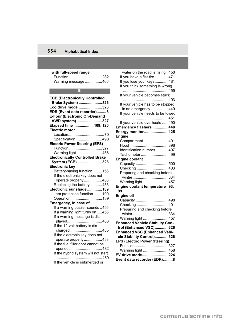TOYOTA RAV4 HYBRID 2023 User Guide 554Alphabetical Index
with full-speed rangeFunction ............................... 282
Warning message ................ 466
E
ECB (Electronically Controlled Brake System) ...................... 326
TOYOTA RAV4 HYBRID 2023 User Guide 554Alphabetical Index
with full-speed rangeFunction ............................... 282
Warning message ................ 466
E
ECB (Electronically Controlled Brake System) ...................... 326