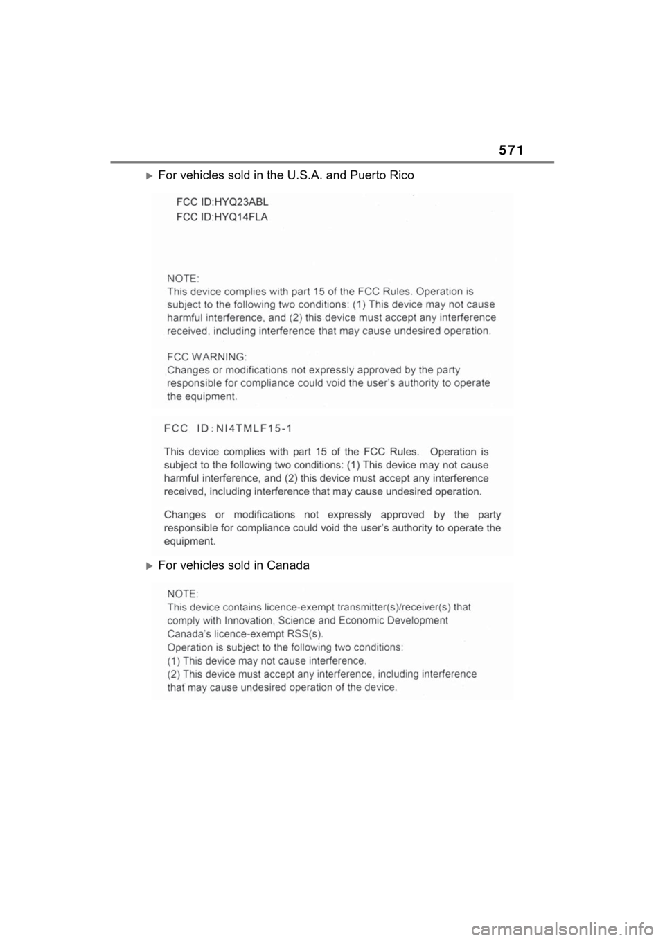 TOYOTA RAV4 HYBRID 2023  Owners Manual 571
For vehicles sold in the U.S.A. and Puerto Rico
For vehicles sold in Canada 