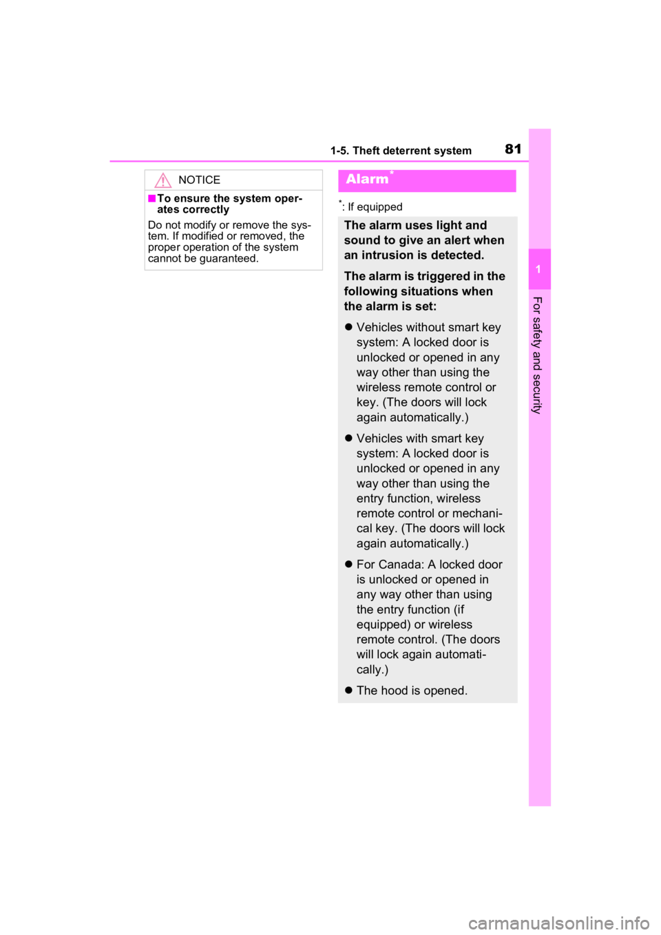 TOYOTA RAV4 HYBRID 2023 User Guide 811-5. Theft deterrent system
1
For safety and security
*: If equipped
NOTICE
■To ensure the system oper-
ates correctly
Do not modify or remove the sys-
tem. If modified  or removed, the 
proper op