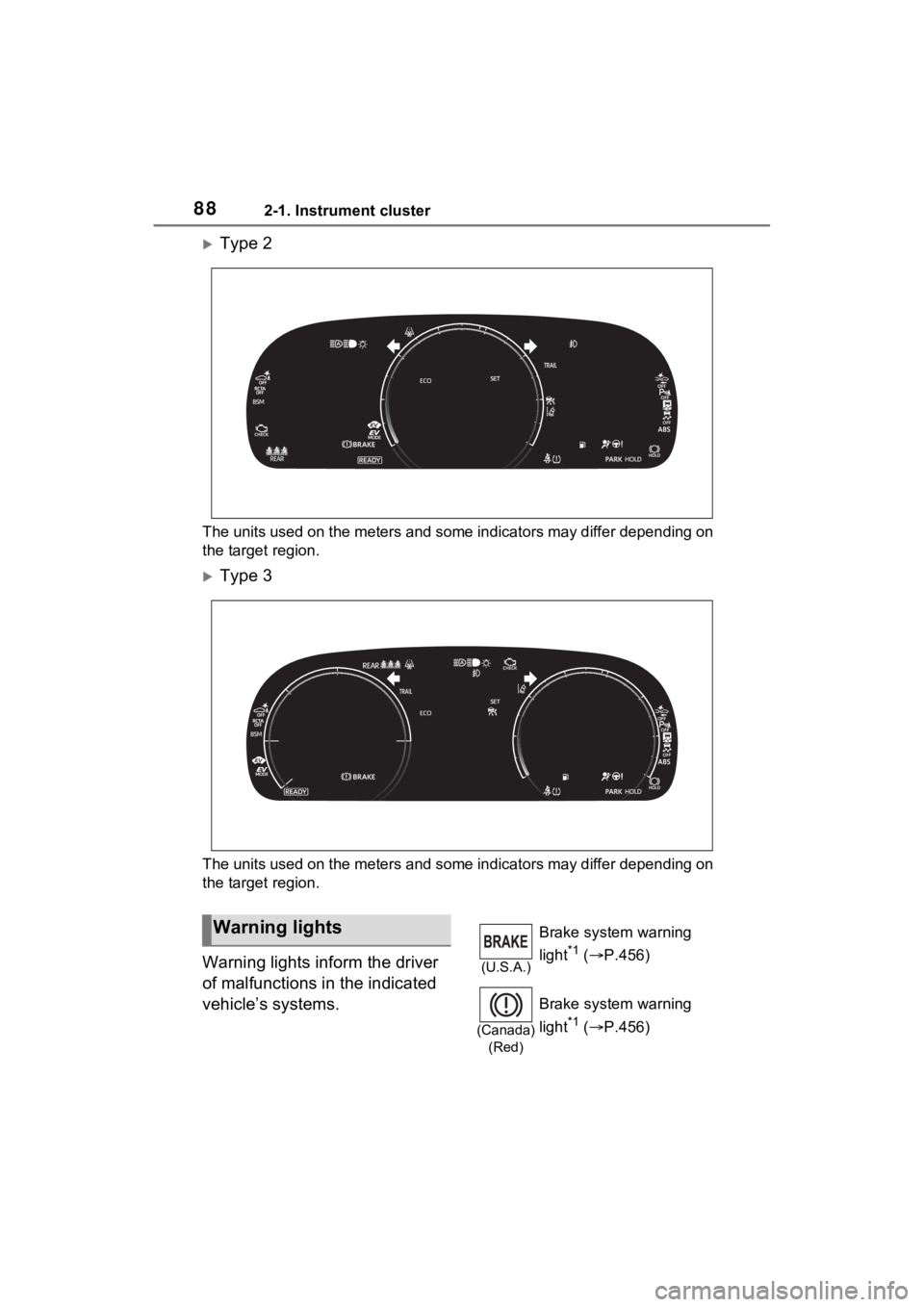 TOYOTA RAV4 HYBRID 2023 Manual Online 882-1. Instrument cluster
Type 2
The units used on the meters and some indicators may differ depending on
the target region.
Type 3
The units used on the meters and some indicators may differ d TOYOTA RAV4 HYBRID 2023 Manual Online 882-1. Instrument cluster
Type 2
The units used on the meters and some indicators may differ depending on
the target region.
Type 3
The units used on the meters and some indicators may differ d