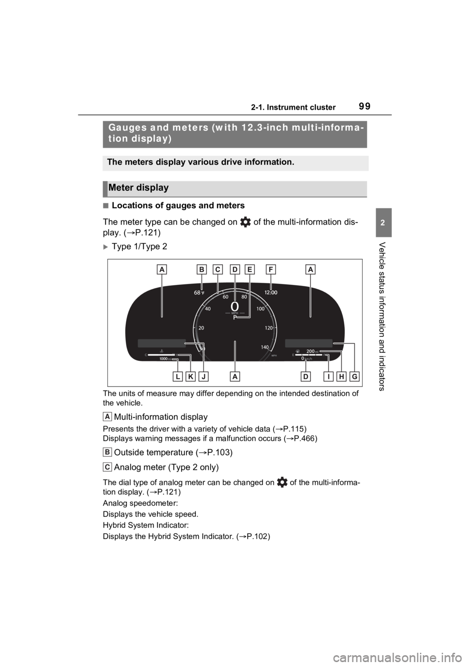 TOYOTA RAV4 HYBRID 2023 User Guide 992-1. Instrument cluster
2
Vehicle status information and indicators
■Locations of gauges and meters
The meter type can be changed on of the multi-information dis-
play. ( P.121)
Type 1/Typ TOYOTA RAV4 HYBRID 2023 User Guide 992-1. Instrument cluster
2
Vehicle status information and indicators
■Locations of gauges and meters
The meter type can be changed on of the multi-information dis-
play. ( P.121)
Type 1/Typ