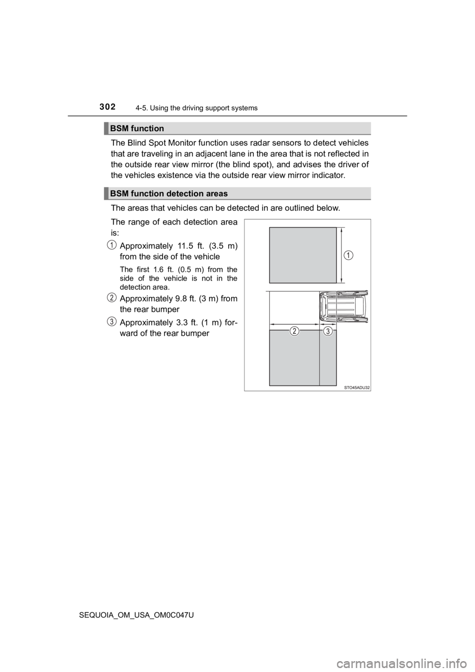 TOYOTA SEQUOIA 2022 Service Manual 3024-5. Using the driving support systems
SEQUOIA_OM_USA_OM0C047U
The Blind Spot Monitor function uses radar sensors to detect ve hicles
that are traveling in an adjacent lane in the area that is not TOYOTA SEQUOIA 2022 Service Manual 3024-5. Using the driving support systems
SEQUOIA_OM_USA_OM0C047U
The Blind Spot Monitor function uses radar sensors to detect ve hicles
that are traveling in an adjacent lane in the area that is not