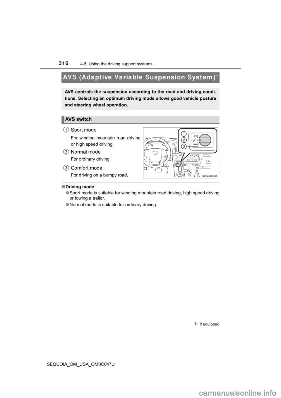 TOYOTA SEQUOIA 2022 Workshop Manual 3164-5. Using the driving support systems
SEQUOIA_OM_USA_OM0C047U
AVS (Adaptive Variable Suspension System)
Sport mode
For winding mountain road driving
or high speed driving.
Normal mode
For o TOYOTA SEQUOIA 2022 Workshop Manual 3164-5. Using the driving support systems
SEQUOIA_OM_USA_OM0C047U
AVS (Adaptive Variable Suspension System)
Sport mode
For winding mountain road driving
or high speed driving.
Normal mode
For o