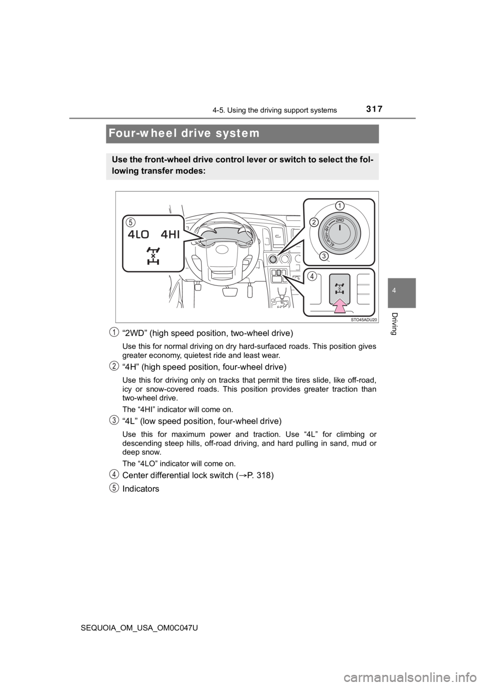 TOYOTA SEQUOIA 2022  Owners Manual 3174-5. Using the driving support systems
4
Driving
SEQUOIA_OM_USA_OM0C047U
Four-wheel drive system
“2WD” (high speed position, two-wheel drive)
Use this for normal driving on dry hard-surfaced ro