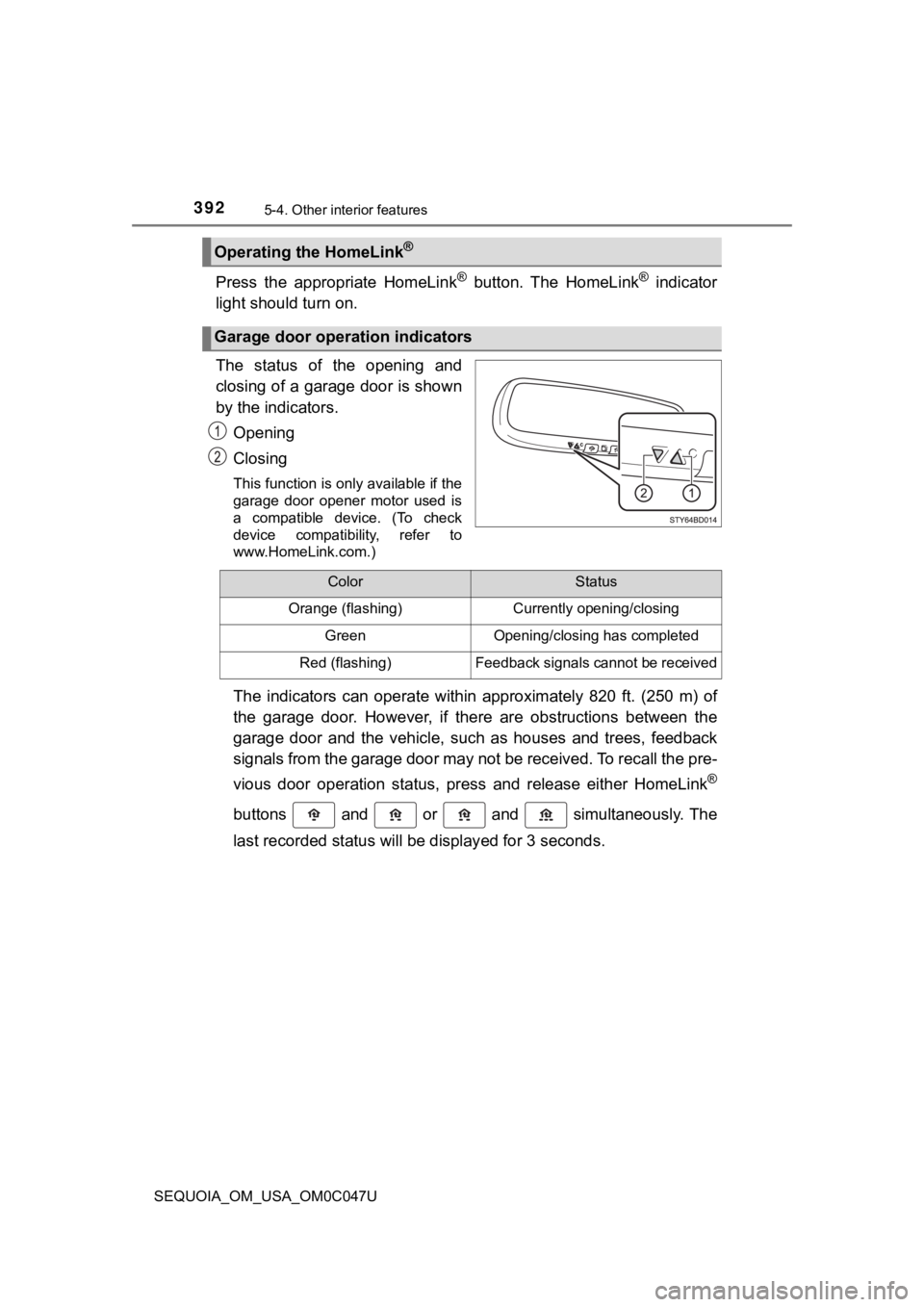TOYOTA SEQUOIA 2022 Workshop Manual 3925-4. Other interior features
SEQUOIA_OM_USA_OM0C047U
Press  the  appropriate  HomeLink®  button.  The  HomeLink®  indicator
light should turn on.
The  status  of  the  opening  and
closing of a g