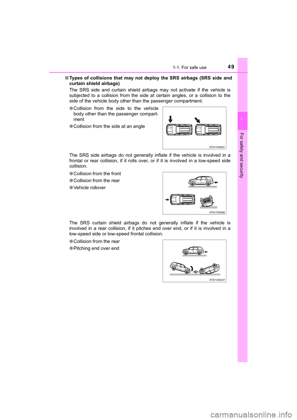 TOYOTA SEQUOIA 2022 Service Manual 491-1. For safe use
1
For safety and security
SEQUOIA_OM_USA_OM0C047U■
Types of collisions that may not deploy the SRS airbags (SRS si de and
curtain shield airbags)
The SRS side and TOYOTA SEQUOIA 2022 Service Manual 491-1. For safe use
1
For safety and security
SEQUOIA_OM_USA_OM0C047U■
Types of collisions that may not deploy the SRS airbags (SRS si de and
curtain shield airbags)
The SRS side and