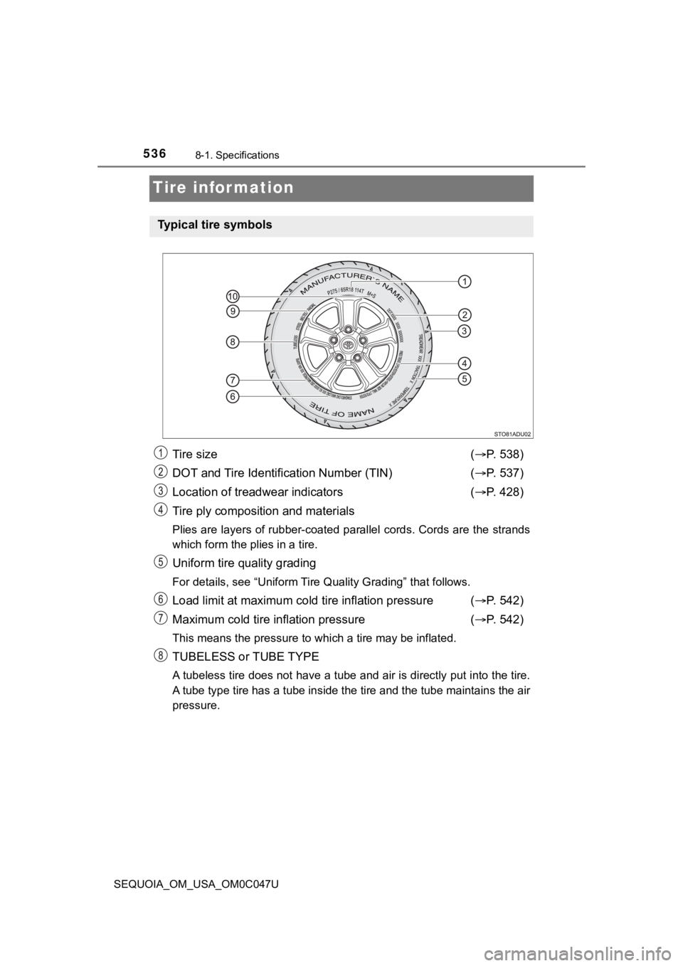 TOYOTA SEQUOIA 2022 Owners Manual 5368-1. Specifications
SEQUOIA_OM_USA_OM0C047U
Tire information
Tire size( P. 538)
DOT and Tire Identification Number (TIN) ( P. 537)
Location of treadwear indicators ( P. 428)
Tire ply compo TOYOTA SEQUOIA 2022 Owners Manual 5368-1. Specifications
SEQUOIA_OM_USA_OM0C047U
Tire information
Tire size( P. 538)
DOT and Tire Identification Number (TIN) ( P. 537)
Location of treadwear indicators ( P. 428)
Tire ply compo
