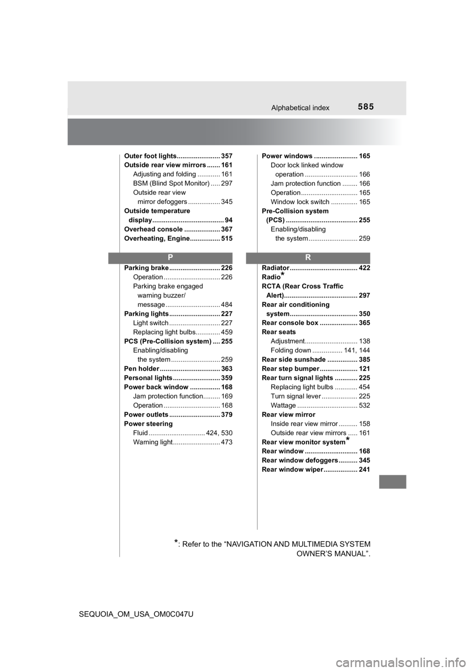 TOYOTA SEQUOIA 2022 User Guide 585Alphabetical index
SEQUOIA_OM_USA_OM0C047U
Outer foot lights....................... 357
Outside rear view mirrors ....... 161Adjusting and folding ............ 161
BSM (Blind Spot Monitor) ..... 29 TOYOTA SEQUOIA 2022 User Guide 585Alphabetical index
SEQUOIA_OM_USA_OM0C047U
Outer foot lights....................... 357
Outside rear view mirrors ....... 161Adjusting and folding ............ 161
BSM (Blind Spot Monitor) ..... 29