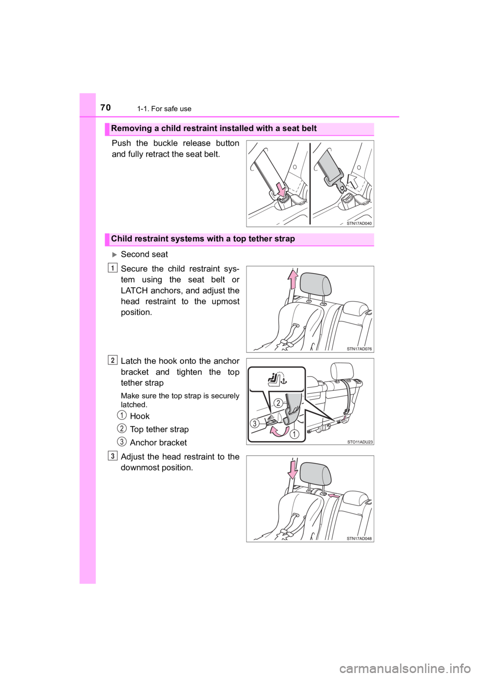 TOYOTA SEQUOIA 2022 Owners Guide 701-1. For safe use
SEQUOIA_OM_USA_OM0C047U
Push  the  buckle  release  button
and fully retract the seat belt.
Second seat
Secure  the  child  restraint  sys-
tem  using  the  seat  belt  or
LATCH