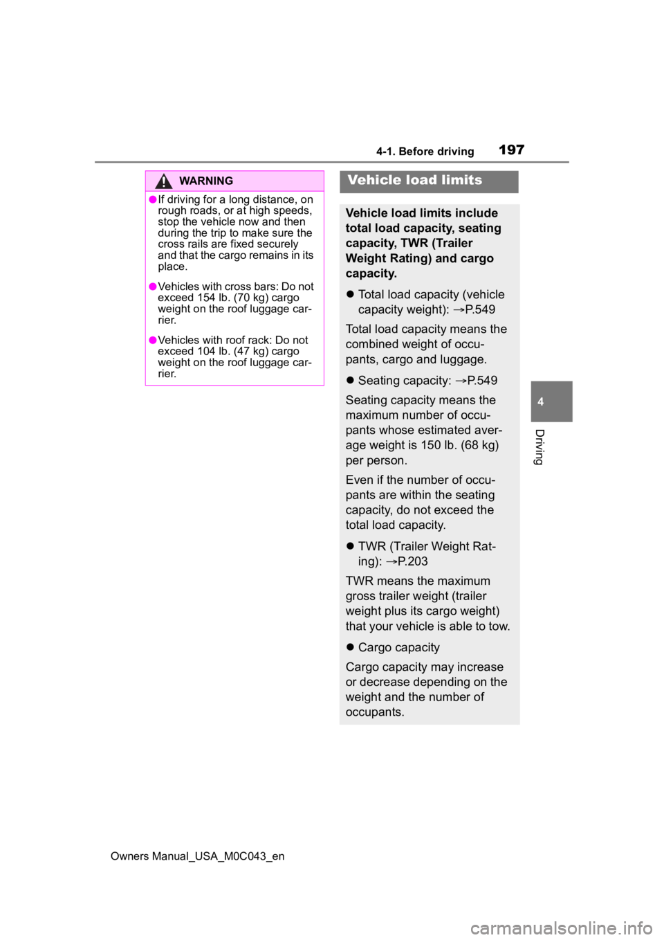 TOYOTA SEQUOIA HYBRID 2023 Owners Manual 1974-1. Before driving
Owners Manual_USA_M0C043_en
4
Driving
WARNING
●If driving for a long distance, on
rough roads, or at high speeds,
stop the vehicle now and then
during the trip to make sure TOYOTA SEQUOIA HYBRID 2023 Owners Manual 1974-1. Before driving
Owners Manual_USA_M0C043_en
4
Driving
WARNING
●If driving for a long distance, on
rough roads, or at high speeds,
stop the vehicle now and then
during the trip to make sure