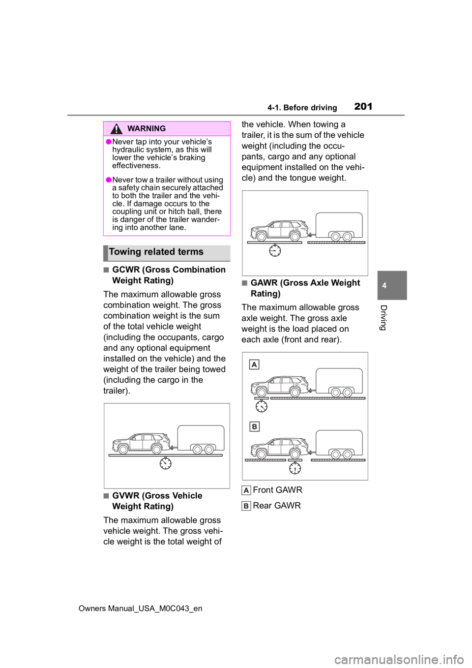 TOYOTA SEQUOIA HYBRID 2023 Owners Manual 2014-1. Before driving
Owners Manual_USA_M0C043_en
4
Driving
■GCWR (Gross Combination
Weight Rating)
The maximum allowable gross
combination weight. The gross
combination weight is the sum
of th TOYOTA SEQUOIA HYBRID 2023 Owners Manual 2014-1. Before driving
Owners Manual_USA_M0C043_en
4
Driving
■GCWR (Gross Combination
Weight Rating)
The maximum allowable gross
combination weight. The gross
combination weight is the sum
of th