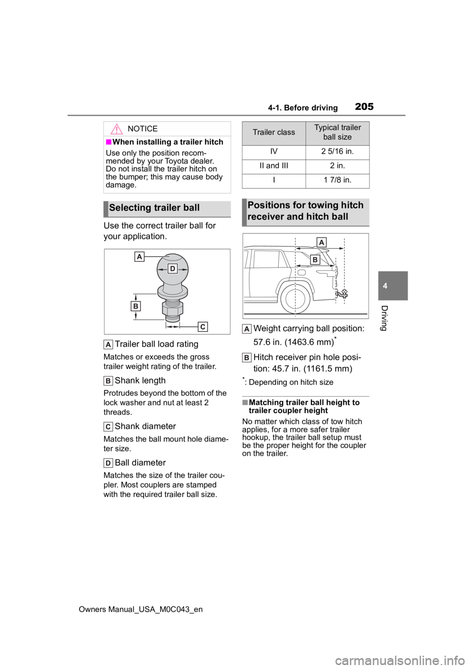 TOYOTA SEQUOIA HYBRID 2023 Owners Manual 2054-1. Before driving
Owners Manual_USA_M0C043_en
4
Driving
Use the correct trailer ball for
your application. Trailer ball load rating
Matches or exceeds the gross
trailer weight rating of the tra TOYOTA SEQUOIA HYBRID 2023 Owners Manual 2054-1. Before driving
Owners Manual_USA_M0C043_en
4
Driving
Use the correct trailer ball for
your application. Trailer ball load rating
Matches or exceeds the gross
trailer weight rating of the tra