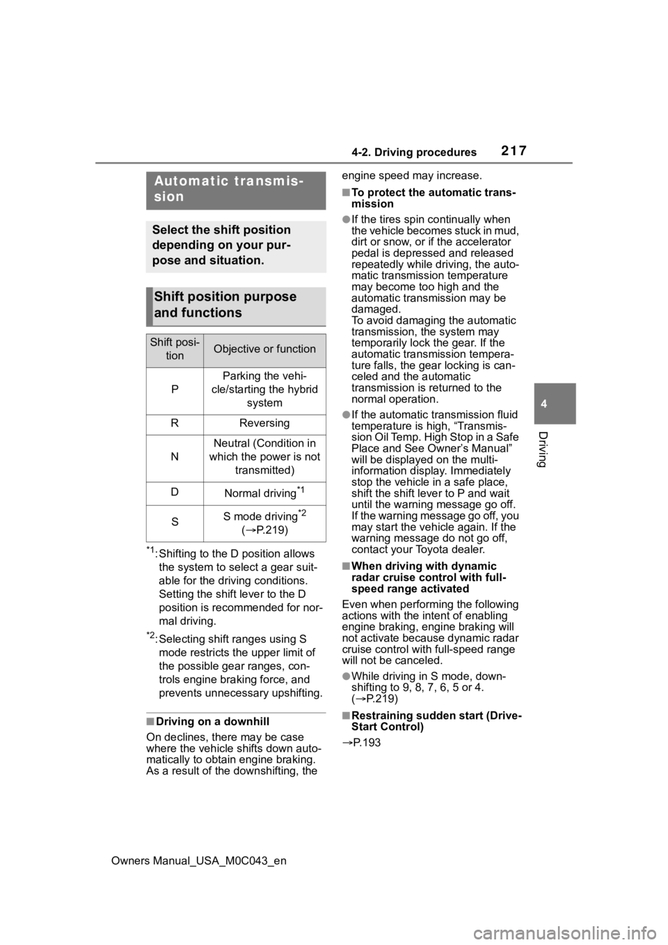 TOYOTA SEQUOIA HYBRID 2023 Owners Manual 2174-2. Driving procedures
Owners Manual_USA_M0C043_en
4
Driving
*1: Shifting to the D position allows the system to select a gear suit-
able for the driving conditions.
Setting the shift lever to t TOYOTA SEQUOIA HYBRID 2023 Owners Manual 2174-2. Driving procedures
Owners Manual_USA_M0C043_en
4
Driving
*1: Shifting to the D position allows the system to select a gear suit-
able for the driving conditions.
Setting the shift lever to t