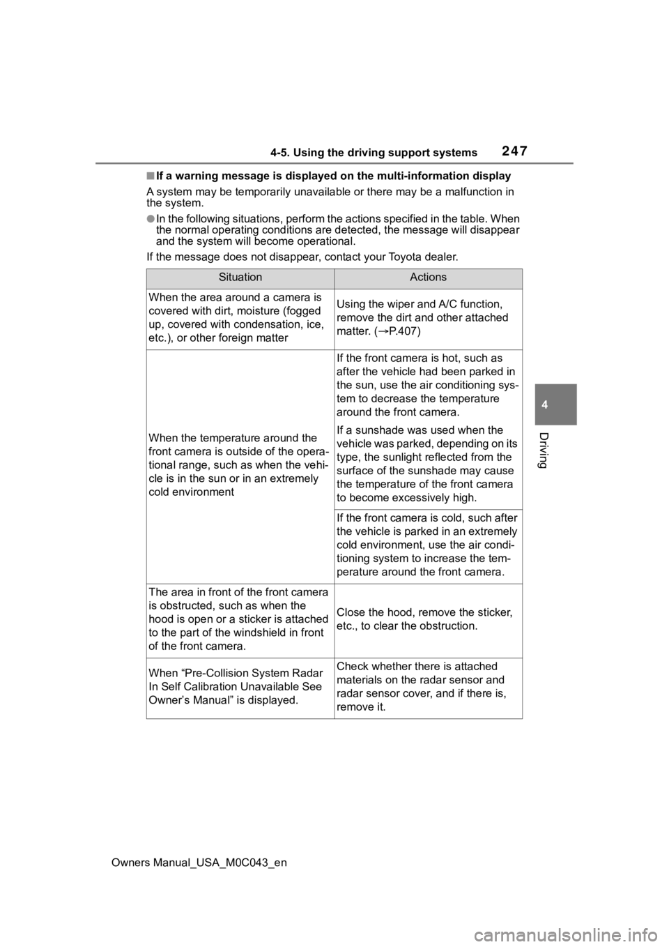 TOYOTA SEQUOIA HYBRID 2023 Owners Manual 2474-5. Using the driving support systems
Owners Manual_USA_M0C043_en
4
Driving
■If a warning message is displayed on the multi-information disp lay
A system may be tempor arily unavailable or there TOYOTA SEQUOIA HYBRID 2023 Owners Manual 2474-5. Using the driving support systems
Owners Manual_USA_M0C043_en
4
Driving
■If a warning message is displayed on the multi-information disp lay
A system may be tempor arily unavailable or there