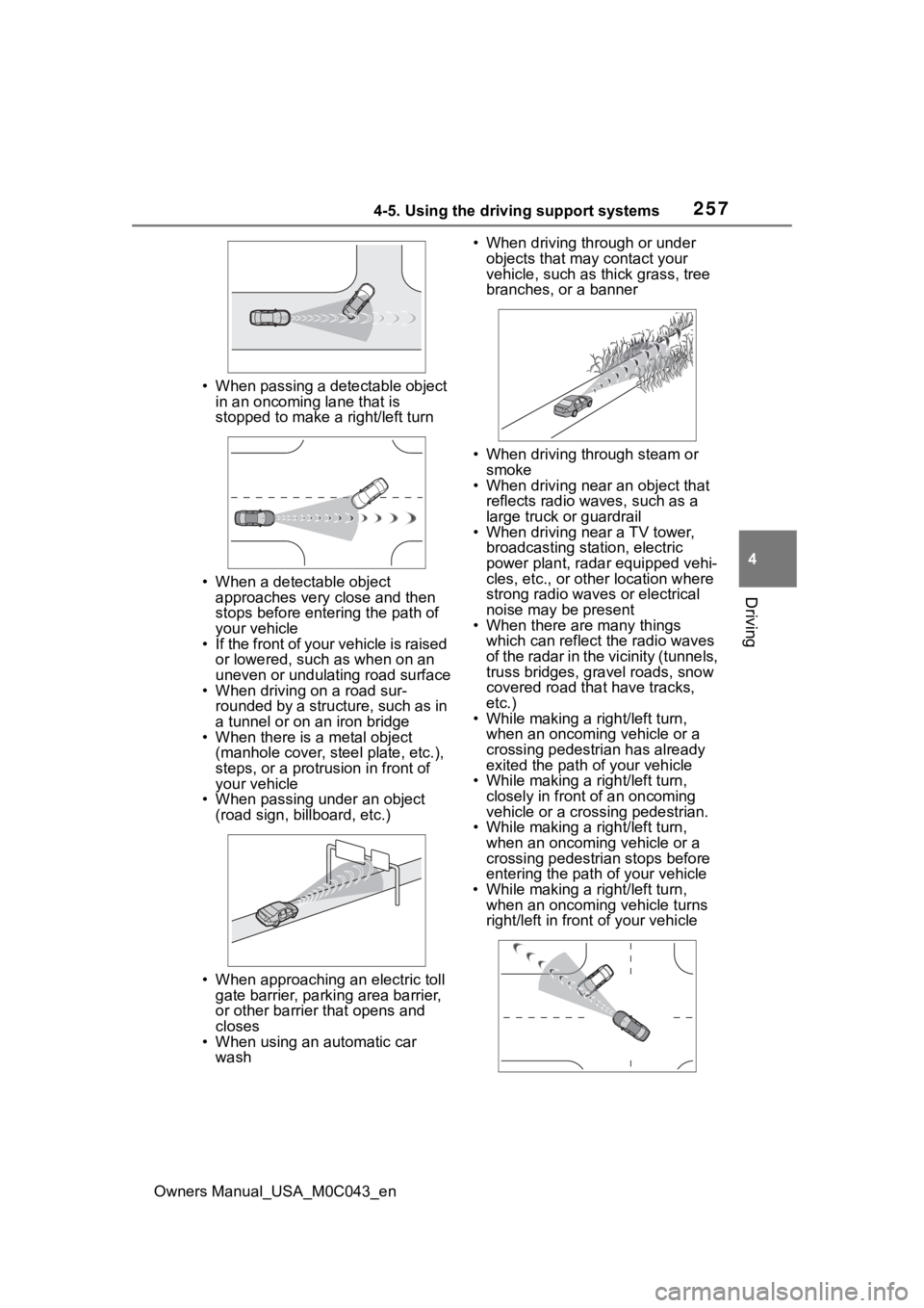 TOYOTA SEQUOIA HYBRID 2023 Owners Manual 2574-5. Using the driving support systems
Owners Manual_USA_M0C043_en
4
Driving
• When passing a detectable object in an oncoming lane that is
stopped to make a right/left turn
• When a detectab TOYOTA SEQUOIA HYBRID 2023 Owners Manual 2574-5. Using the driving support systems
Owners Manual_USA_M0C043_en
4
Driving
• When passing a detectable object in an oncoming lane that is
stopped to make a right/left turn
• When a detectab