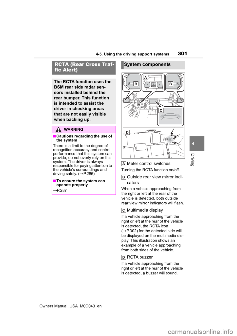 TOYOTA SEQUOIA HYBRID 2023 Owners Manual 3014-5. Using the driving support systems
Owners Manual_USA_M0C043_en
4
Driving
Meter control switches
Turning the RCTA function on/off.
Outside rear view mirror indi-
cators
When a vehicle approachin TOYOTA SEQUOIA HYBRID 2023 Owners Manual 3014-5. Using the driving support systems
Owners Manual_USA_M0C043_en
4
Driving
Meter control switches
Turning the RCTA function on/off.
Outside rear view mirror indi-
cators
When a vehicle approachin