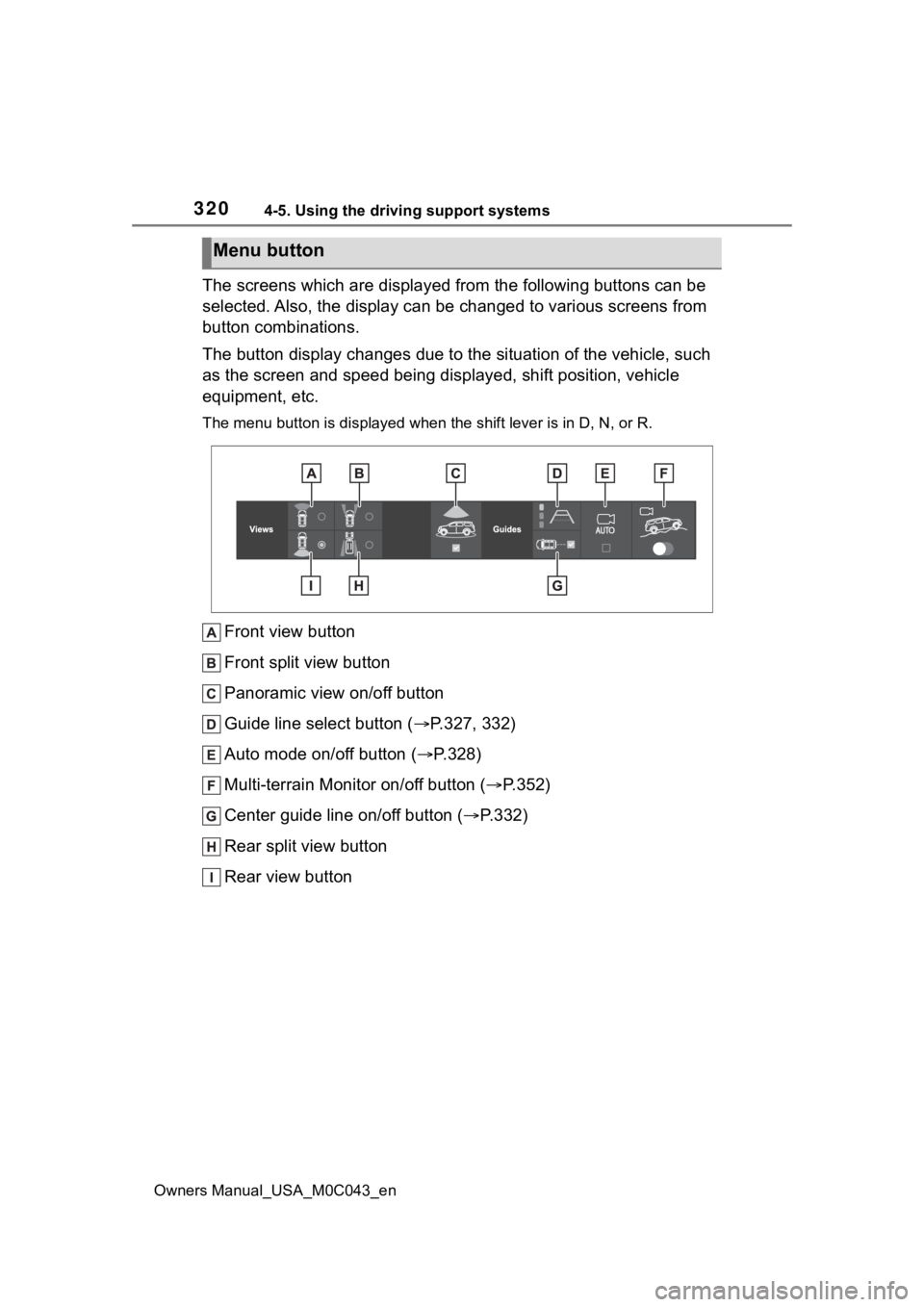 TOYOTA SEQUOIA HYBRID 2023 Owners Manual 3204-5. Using the driving support systems
Owners Manual_USA_M0C043_en
The screens which are displayed from the following buttons can be
selected. Also, the display can be changed to various screens f TOYOTA SEQUOIA HYBRID 2023 Owners Manual 3204-5. Using the driving support systems
Owners Manual_USA_M0C043_en
The screens which are displayed from the following buttons can be
selected. Also, the display can be changed to various screens f